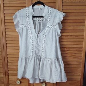 Free People Baby Blues Cream Ruffle Cap Sleeves Stripes Lace Baby Doll Tunic S